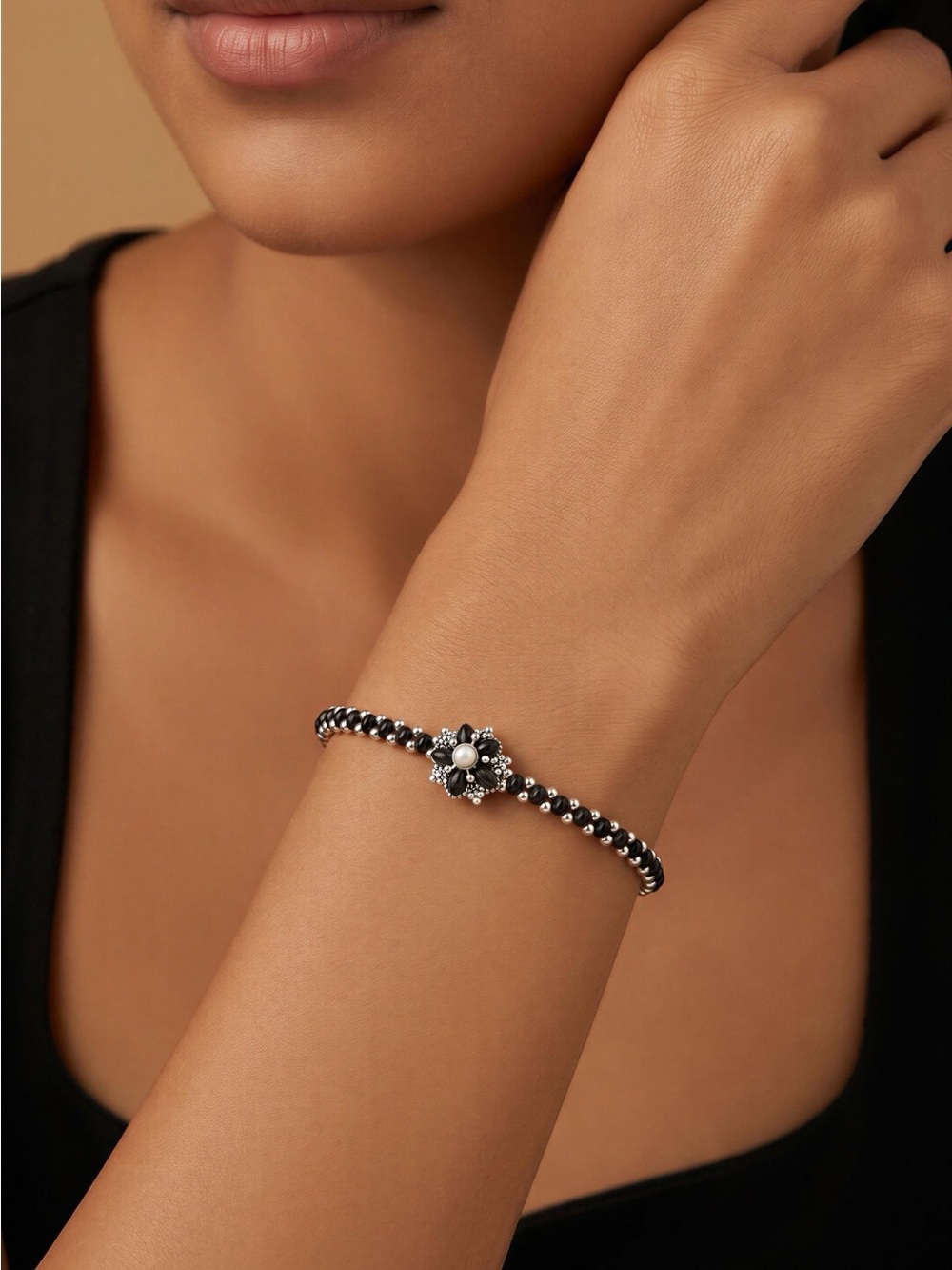 Silver-Tone Black Beaded Flower Bracelet - Women Jewelry